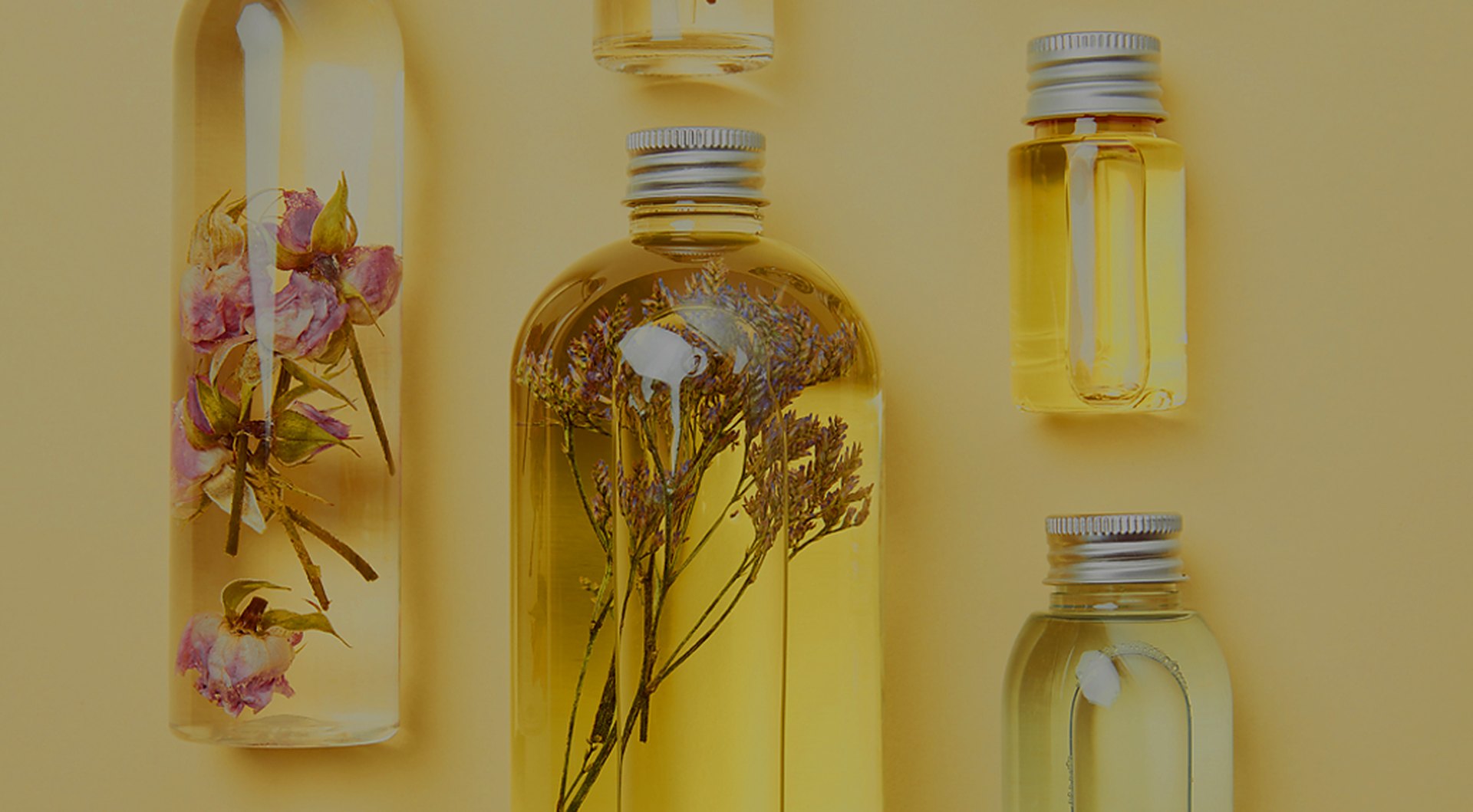 Cosmetic oil bottles holding dried botanicals